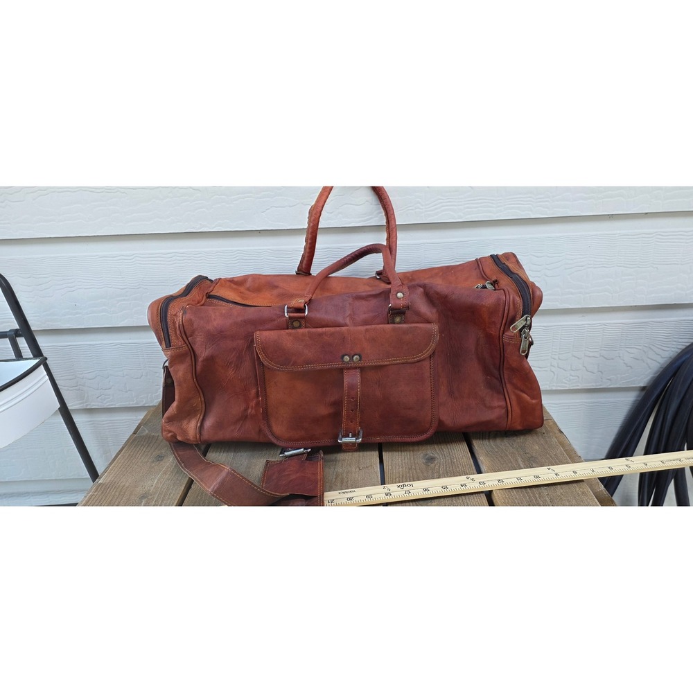 Vintage Brown Leather Duffel Bag Weekender Travel Luggage Shoulder Strap 22in